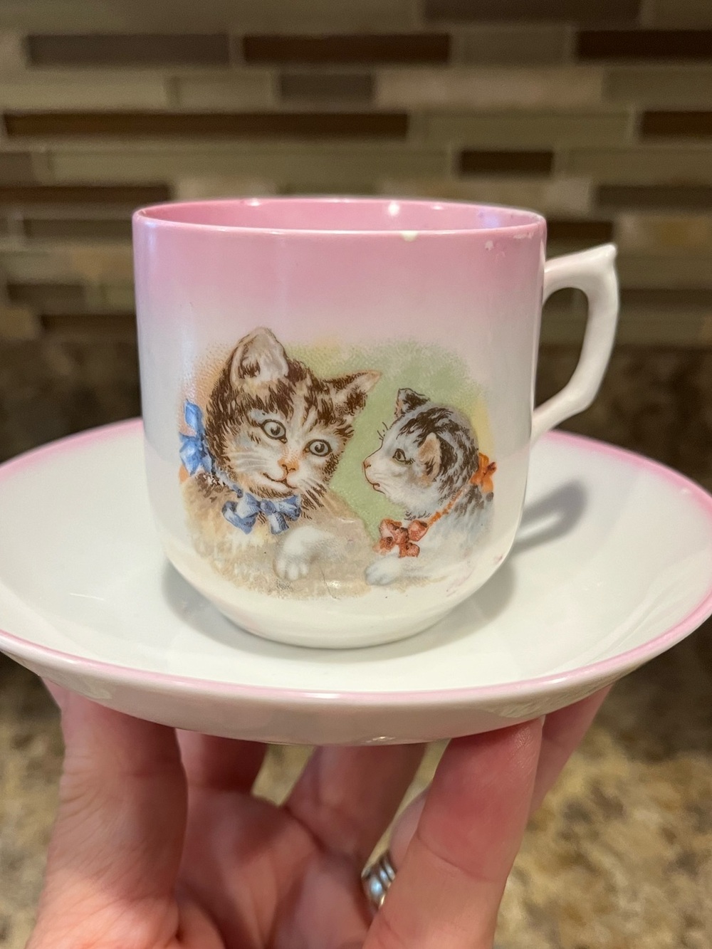Vintage Pink Cat Demitasse Cup and Saucer Tabby Cats with Bows